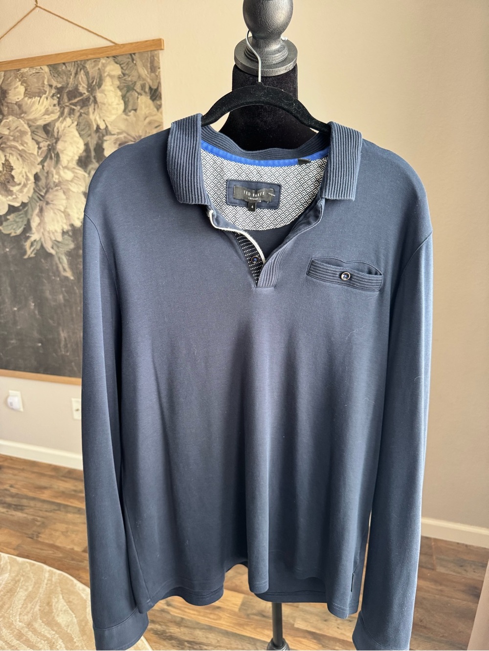 Ted Baker Navy Long Sleeve Polo with Textured Collar